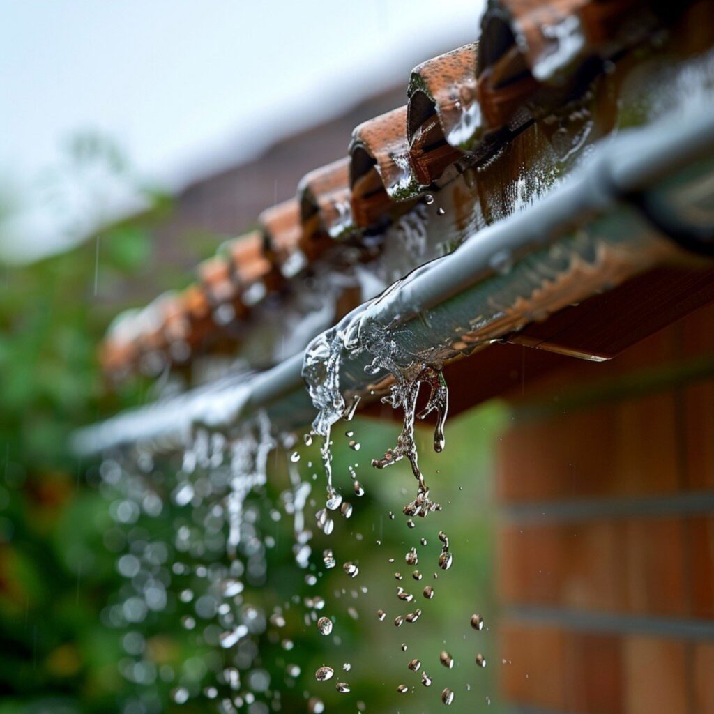 water dripping from gutter that has been sprayed onto house